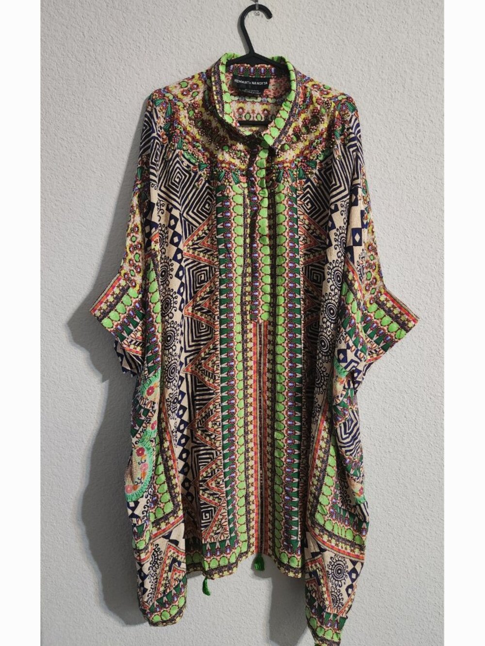 Hemant and Nandita Printed Kaftan Tunic Silk Dress Multi Boho Resortwear large